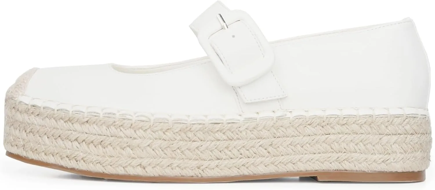 Women's Platform Mary Janes Shoes Women Espadrilles Flats Leather Round-Toe Buckle Strap Espadrilles Mary Janes for Women