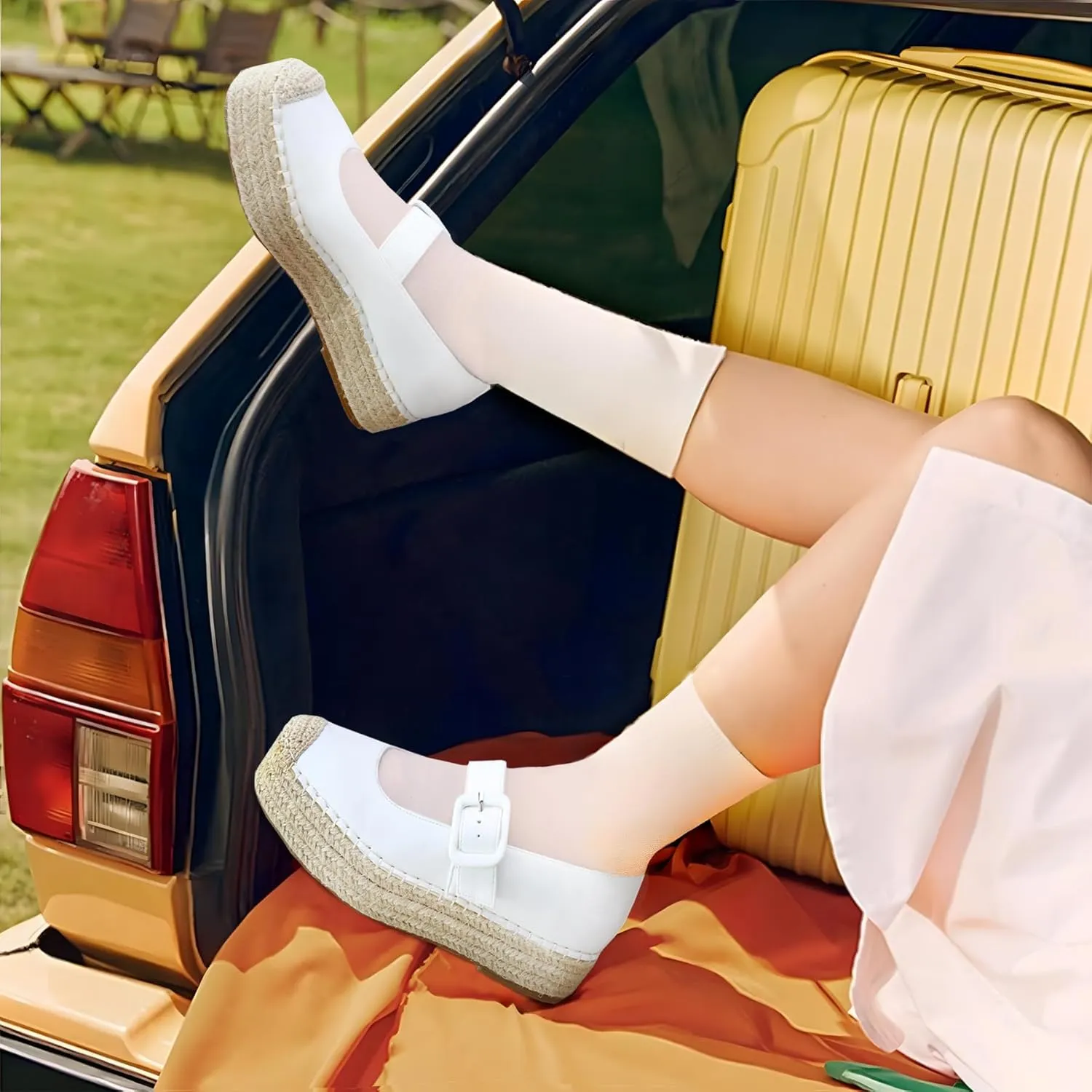 Women's Platform Mary Janes Shoes Women Espadrilles Flats Leather Round-Toe Buckle Strap Espadrilles Mary Janes for Women