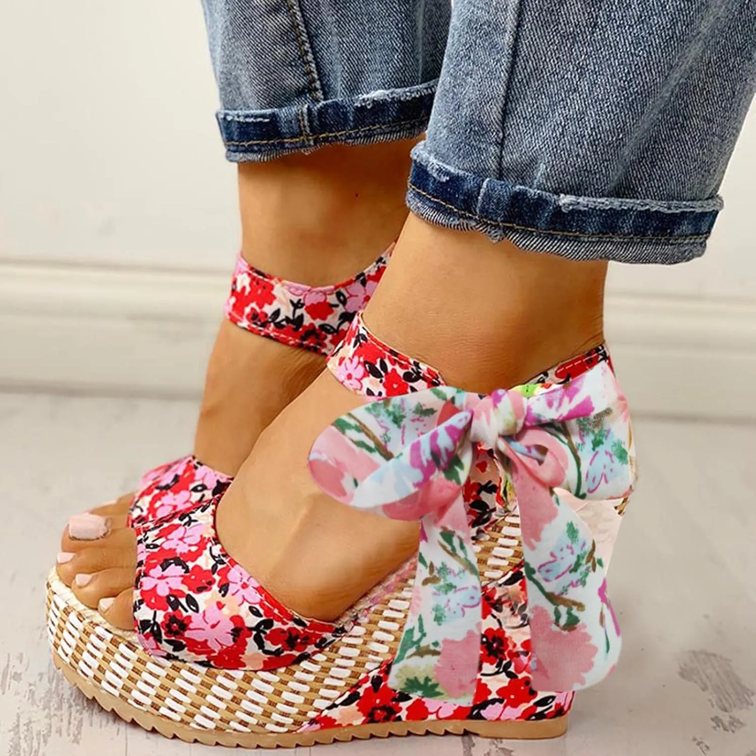 Women's Platform Sandals Wedge Open Toe Ankle Strap Lace Wedding Bridesmaid Shoes Summer Bohemia Dressy Comfortable