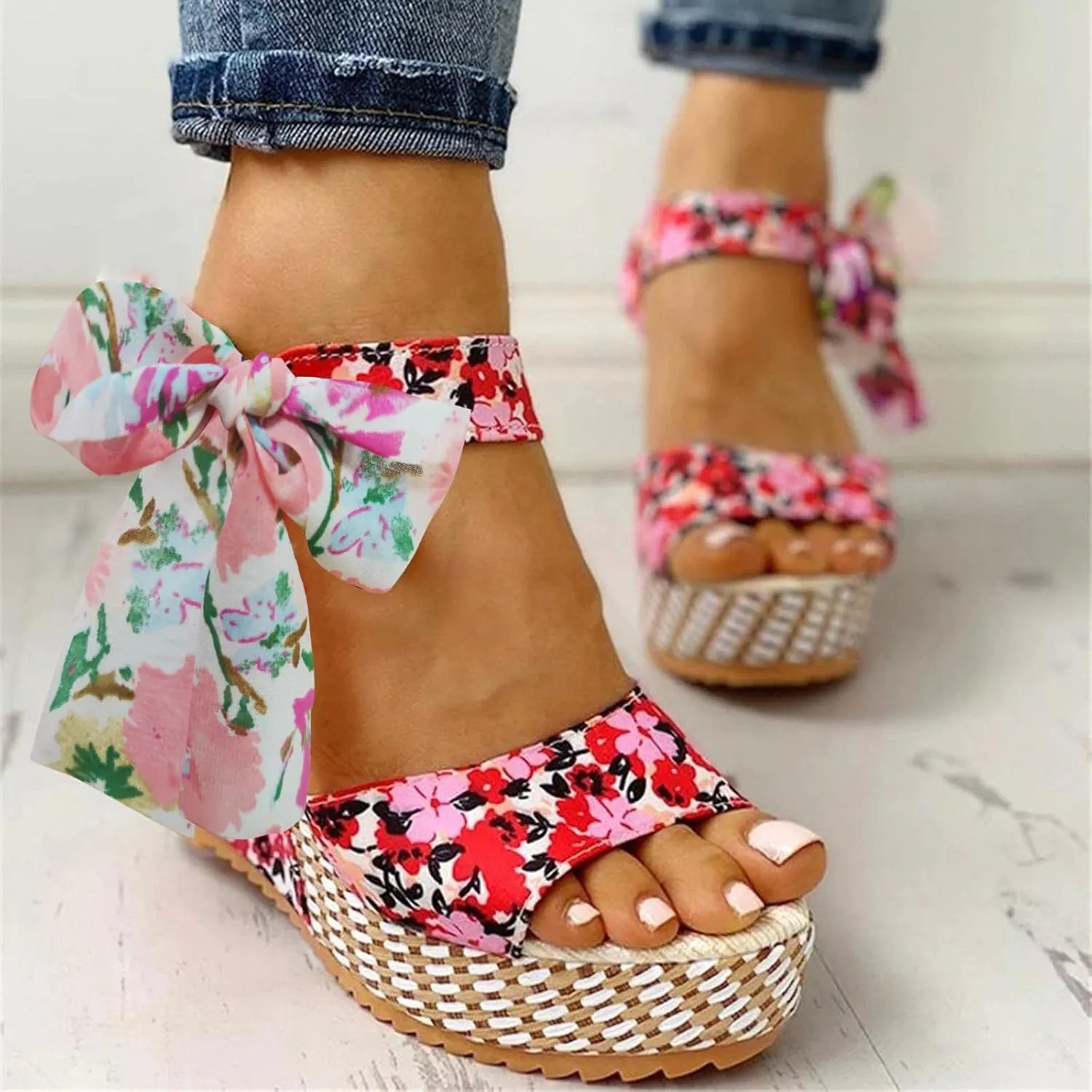 Women's Platform Sandals Wedge Open Toe Ankle Strap Lace Wedding Bridesmaid Shoes Summer Bohemia Dressy Comfortable