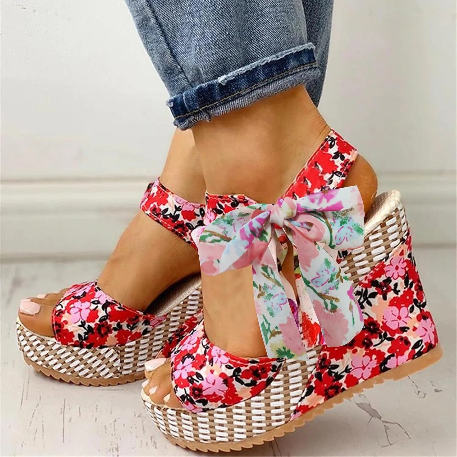 Women's Platform Sandals Wedge Open Toe Ankle Strap Lace Wedding Bridesmaid Shoes Summer Bohemia Dressy Comfortable