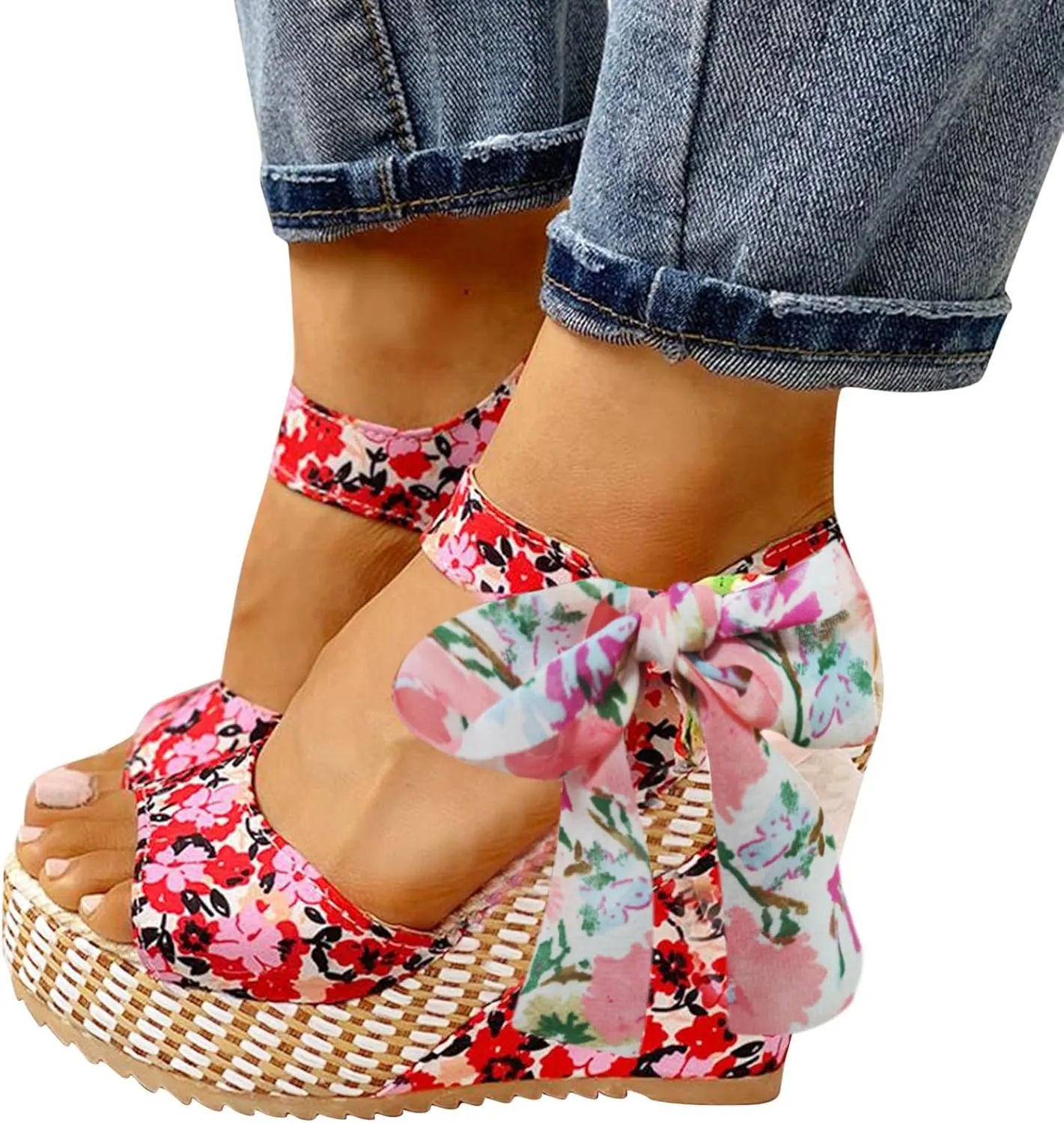 Women's Platform Sandals Wedge Open Toe Ankle Strap Lace Wedding Bridesmaid Shoes Summer Bohemia Dressy Comfortable
