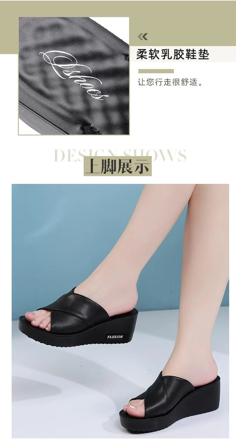 Women's Platform Wedge Slip on Sandals Comfortable Memory Foam Slippers Flat Slope Heel Sandals