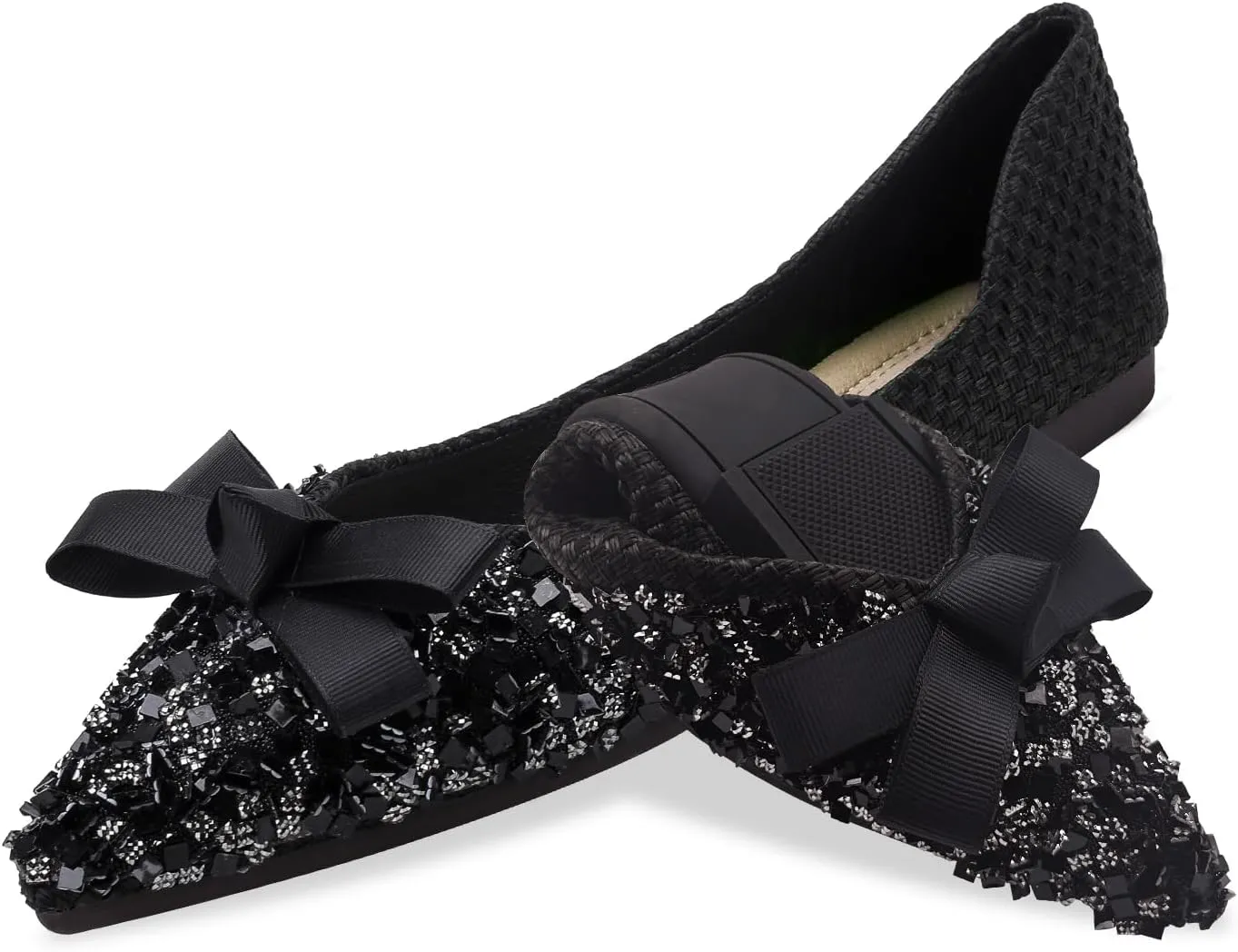 Women's Pointed Rhinestone Flat Shoes Glitter Flowers Wedding Comfortable Dress Shoes