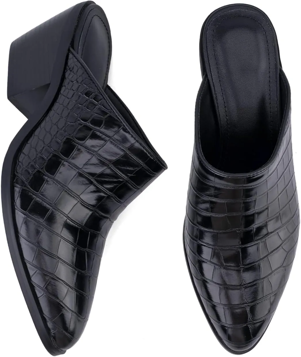 Women's Pumps Closed Pointed Toe Block Heel Mule Woven Leather Chunky Stacked Heeled Slip On Slippers Casual Comfortable Shoes