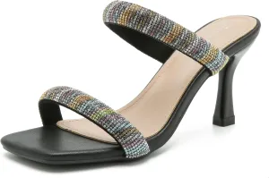 Women's Rhinestone Heeled Sandals Square Open Toe Strappy Two Strap Mule Sandals Slip On Holiday Party Wedding Dress Shoes