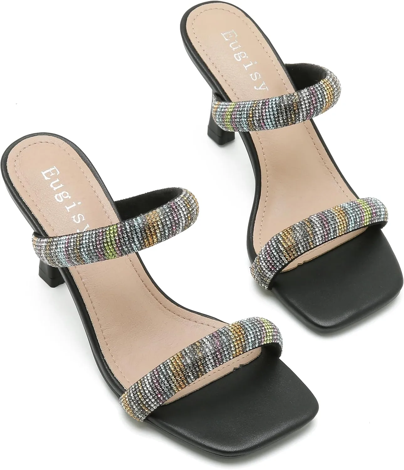 Women's Rhinestone Heeled Sandals Square Open Toe Strappy Two Strap Mule Sandals Slip On Holiday Party Wedding Dress Shoes