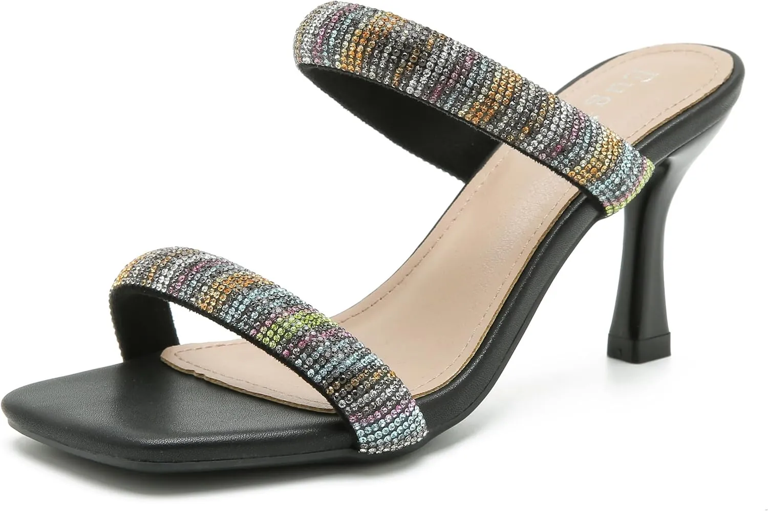 Women's Rhinestone Heeled Sandals Square Open Toe Strappy Two Strap Mule Sandals Slip On Holiday Party Wedding Dress Shoes