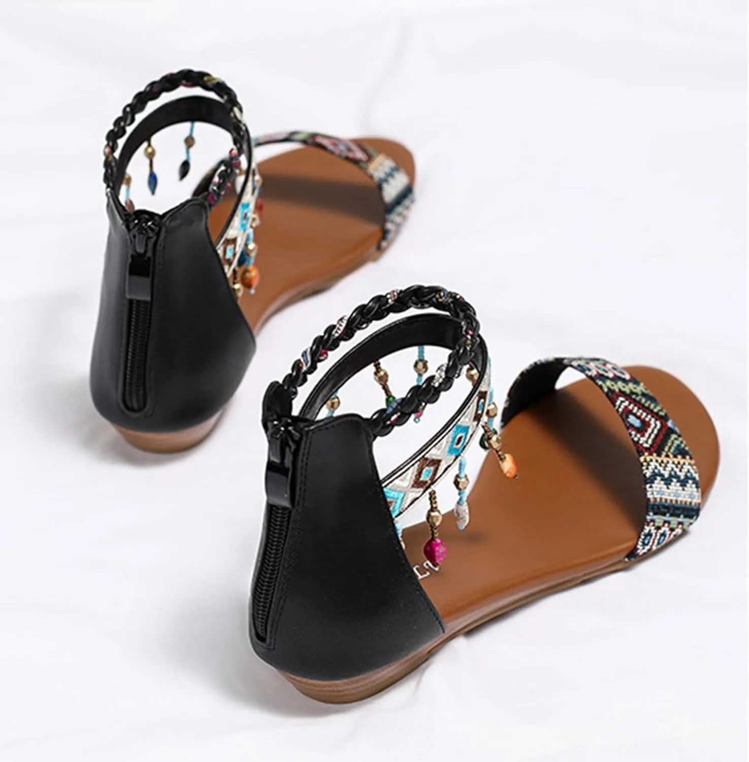 Womens Rhinestones Beaded Gladiator Sandals Summer Casual Comfortable Shoes Zip Back Flat Sandals with Ankle Strap