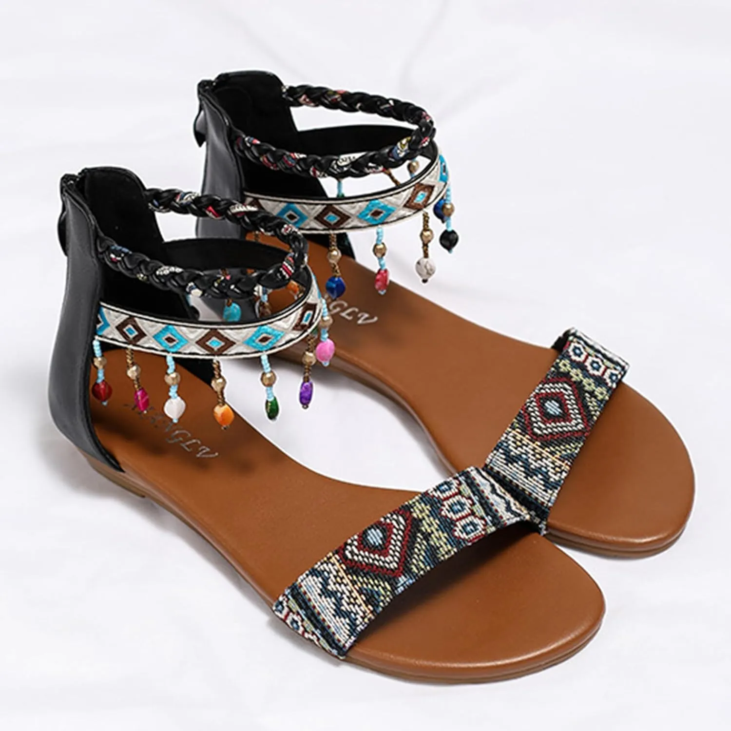 Womens Rhinestones Beaded Gladiator Sandals Summer Casual Comfortable Shoes Zip Back Flat Sandals with Ankle Strap