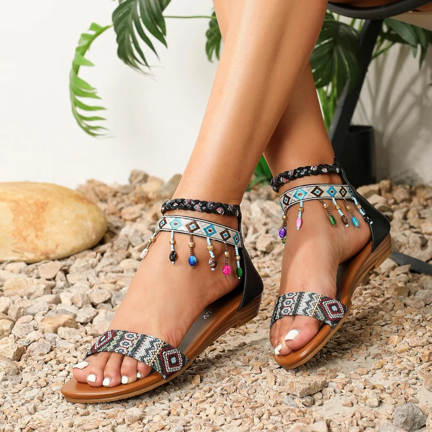 Womens Rhinestones Beaded Gladiator Sandals Summer Casual Comfortable Shoes Zip Back Flat Sandals with Ankle Strap
