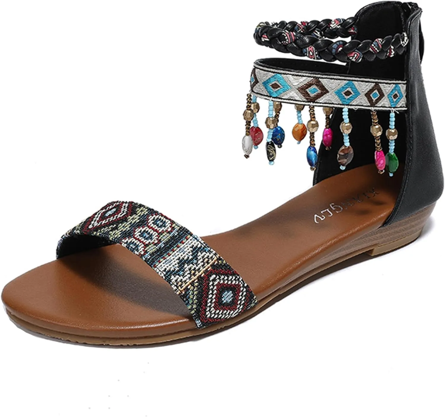 Womens Rhinestones Beaded Gladiator Sandals Summer Casual Comfortable Shoes Zip Back Flat Sandals with Ankle Strap