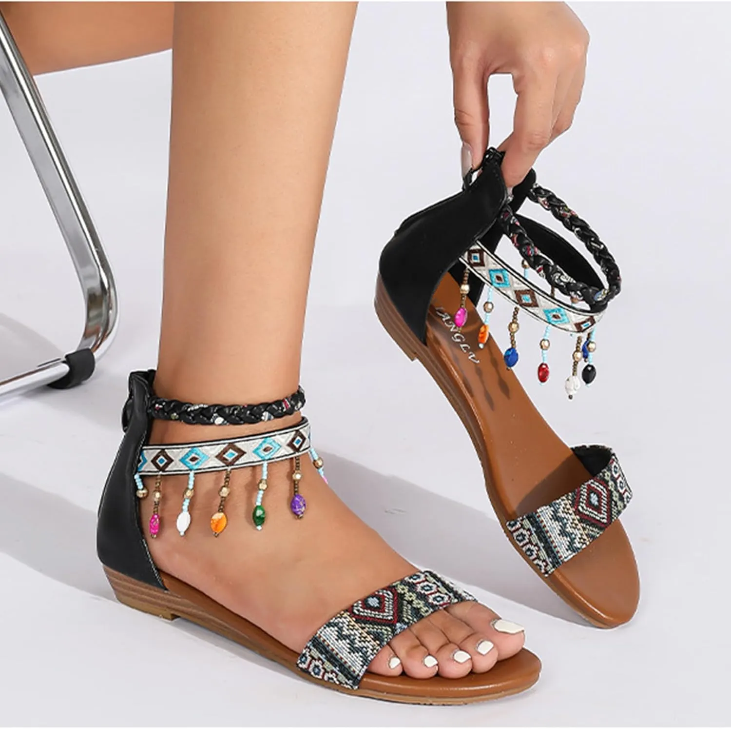 Womens Rhinestones Beaded Gladiator Sandals Summer Casual Comfortable Shoes Zip Back Flat Sandals with Ankle Strap