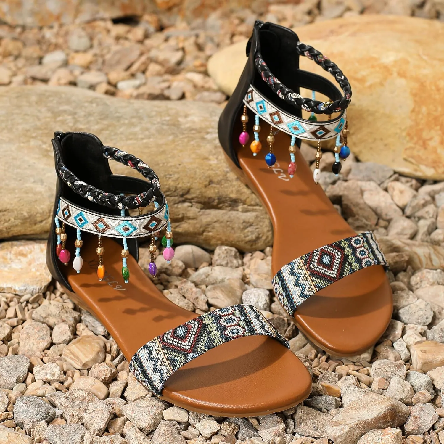 Womens Rhinestones Beaded Gladiator Sandals Summer Casual Comfortable Shoes Zip Back Flat Sandals with Ankle Strap