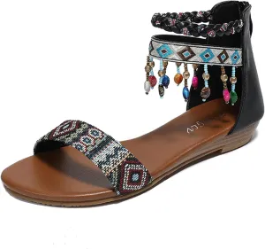 Womens Rhinestones Beaded Gladiator Sandals Summer Casual Comfortable Shoes Zip Back Flat Sandals with Ankle Strap
