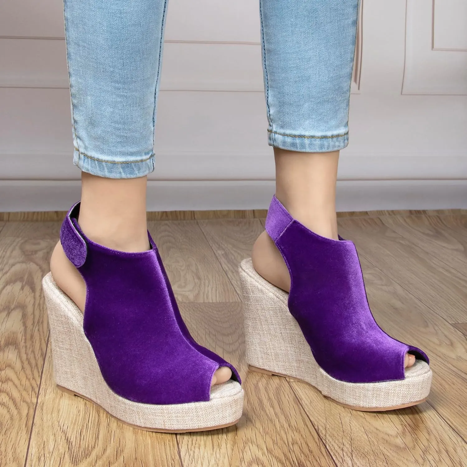 Women's Round Peep Toe Platform Wedge Sandals Espadrille 4.5 Inch High Heel Ankle Strap Slingback Wedges Shoes for Women Comfy Dress Summer Sandals Casual Beach