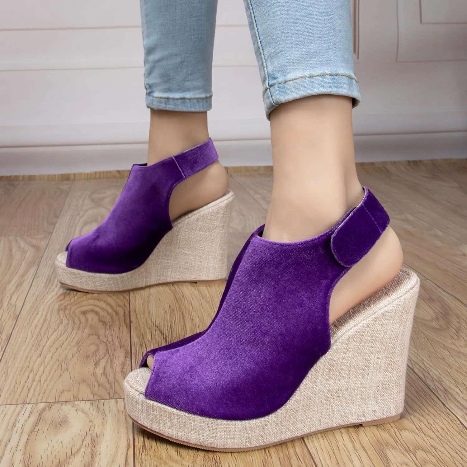 Women's Round Peep Toe Platform Wedge Sandals Espadrille 4.5 Inch High Heel Ankle Strap Slingback Wedges Shoes for Women Comfy Dress Summer Sandals Casual Beach