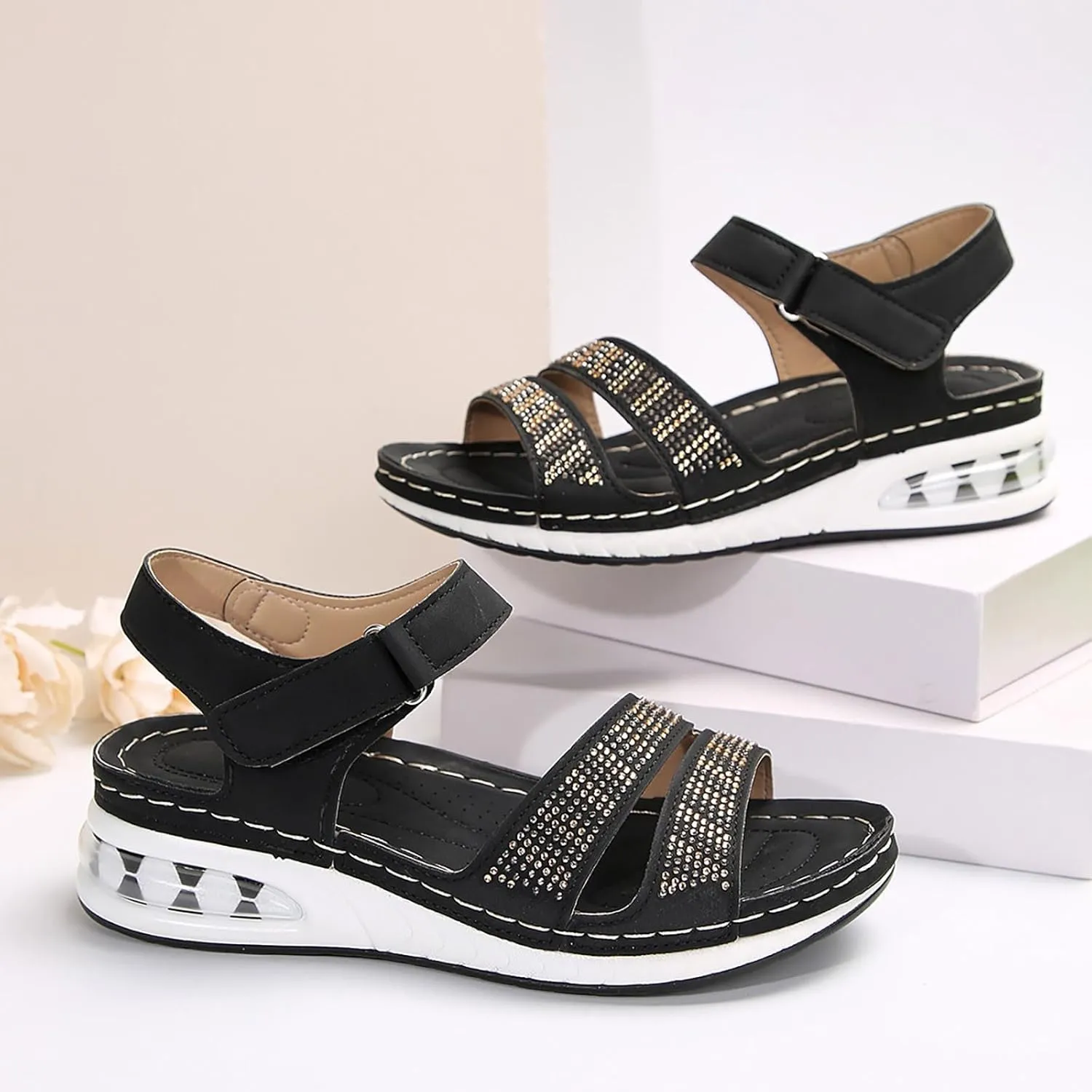 Women's Round Toe Flat Arch Support Wide Width Walking Running Back Ankle Strap Soft Cushion Low Platform Sandals