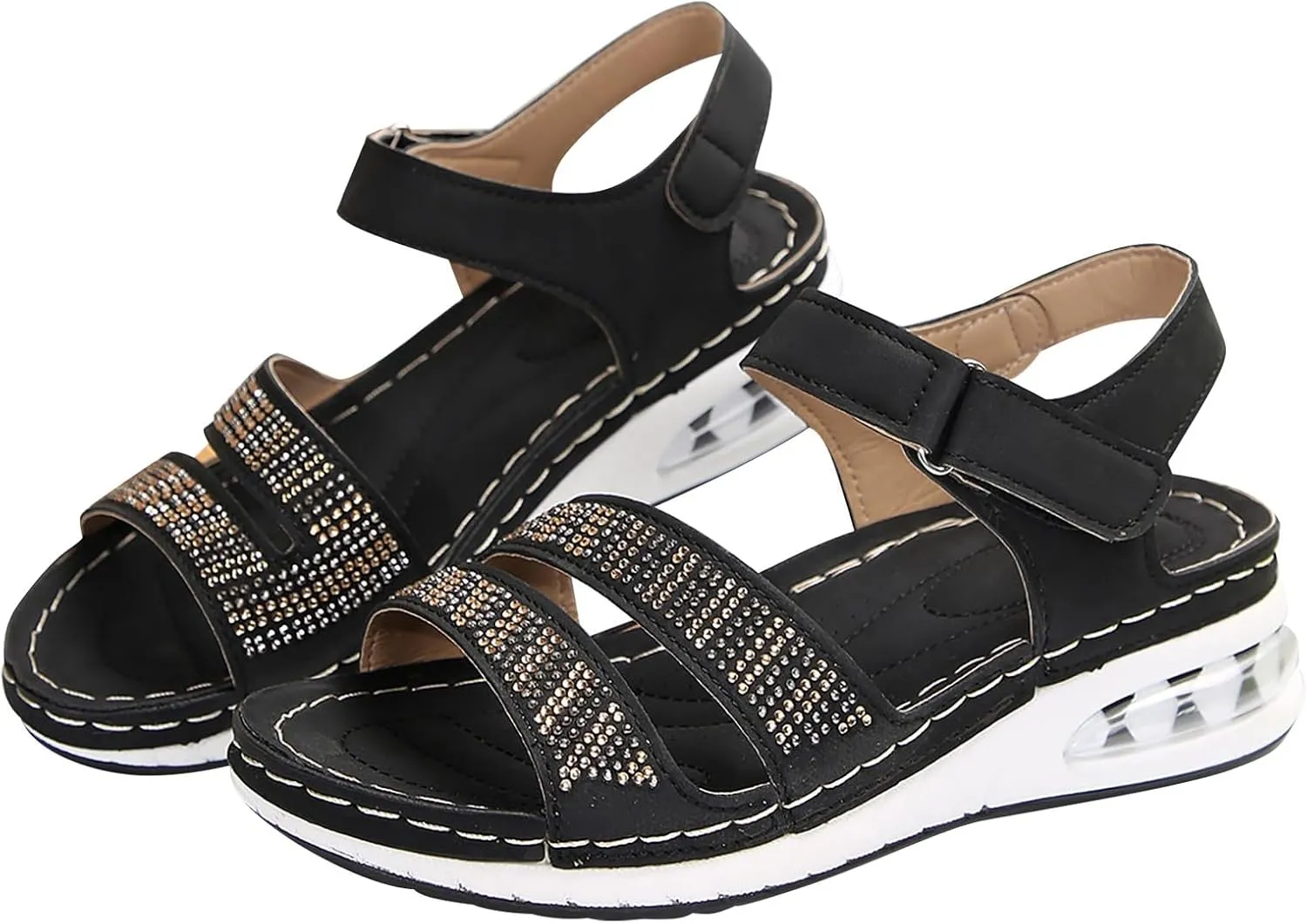 Women's Round Toe Flat Arch Support Wide Width Walking Running Back Ankle Strap Soft Cushion Low Platform Sandals