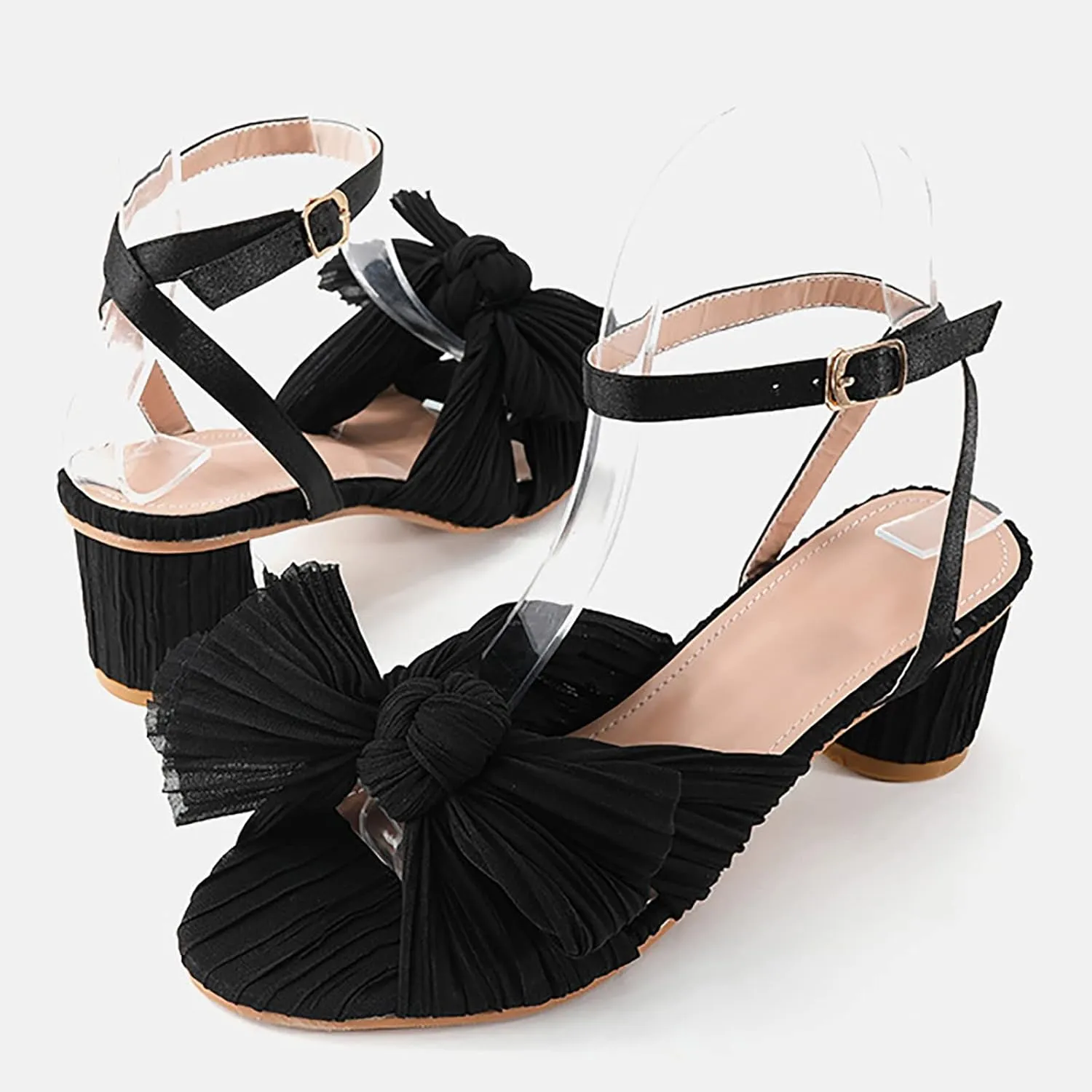Womens Sandals Bow Decoration Soft Satin Chunky Heels Ankle Strap Wedge Sandals Summer Wedding Party Sandals Women