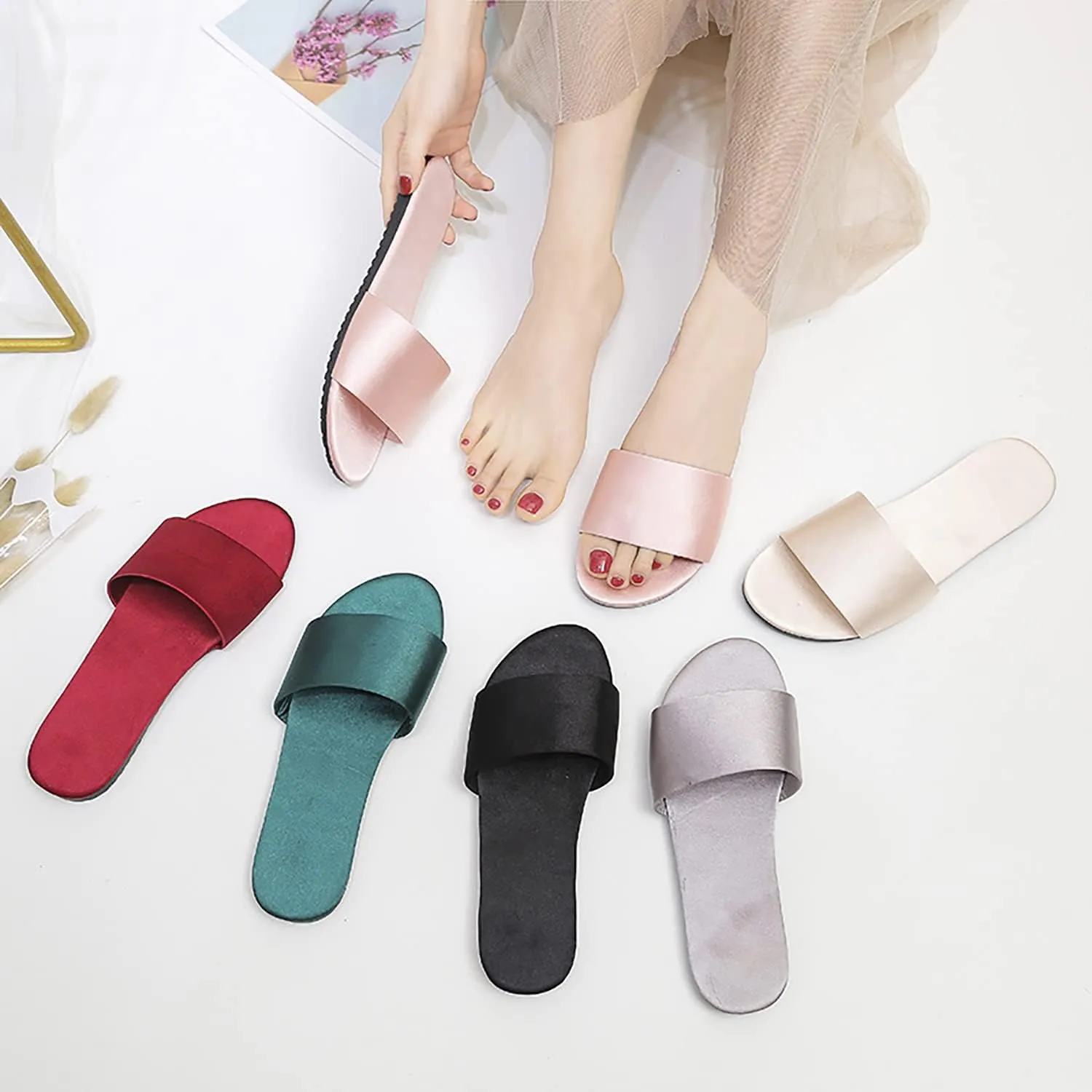 Women's satin slippers summer indoor breathable flat bottom comfortable sandals slippers
