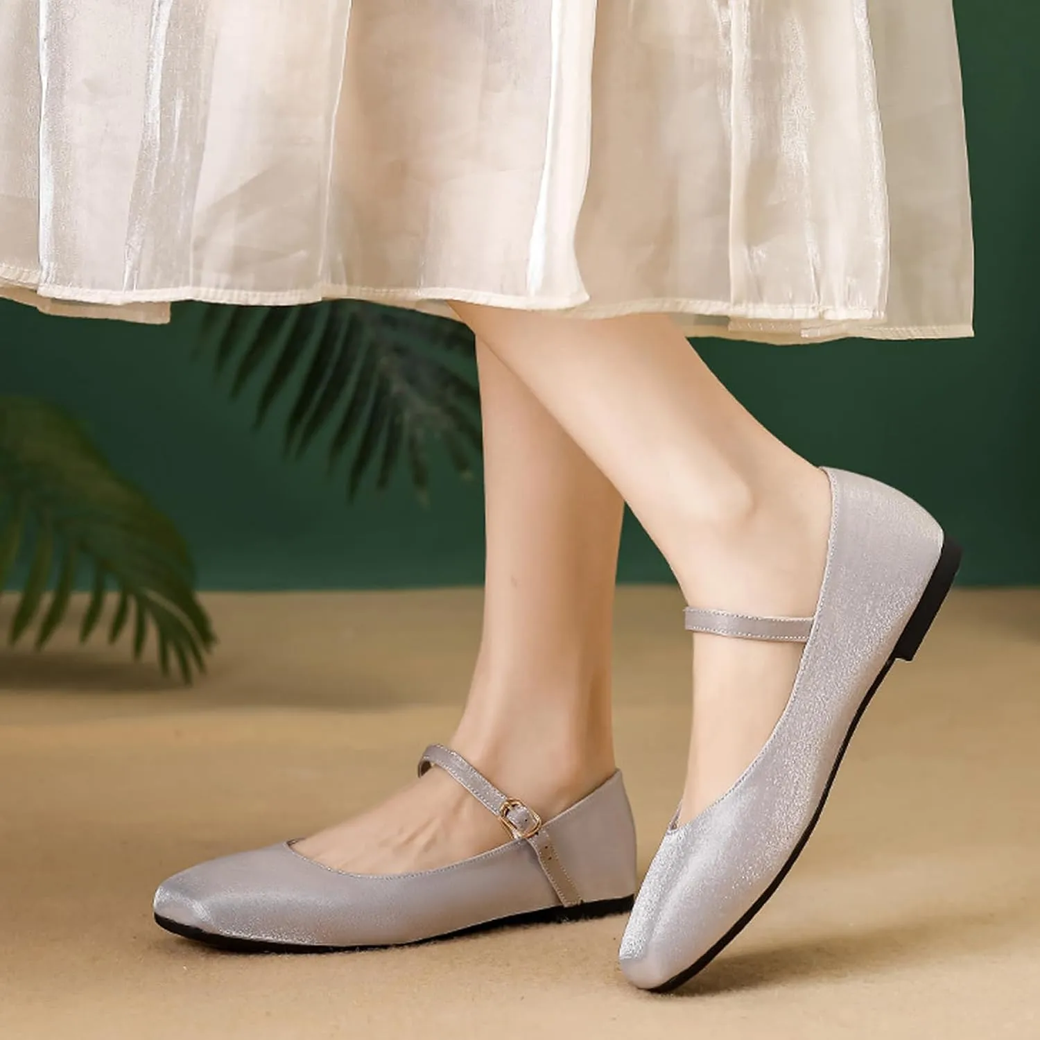 Women's Satin Square Toe Flat Retro Mary Jane Shoes Comfortable Lightweight Adjust One Strap Soft Dress Flat Shoes for Casual Walking Work
