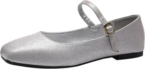 Women's Satin Square Toe Flat Retro Mary Jane Shoes Comfortable Lightweight Adjust One Strap Soft Dress Flat Shoes for Casual Walking Work