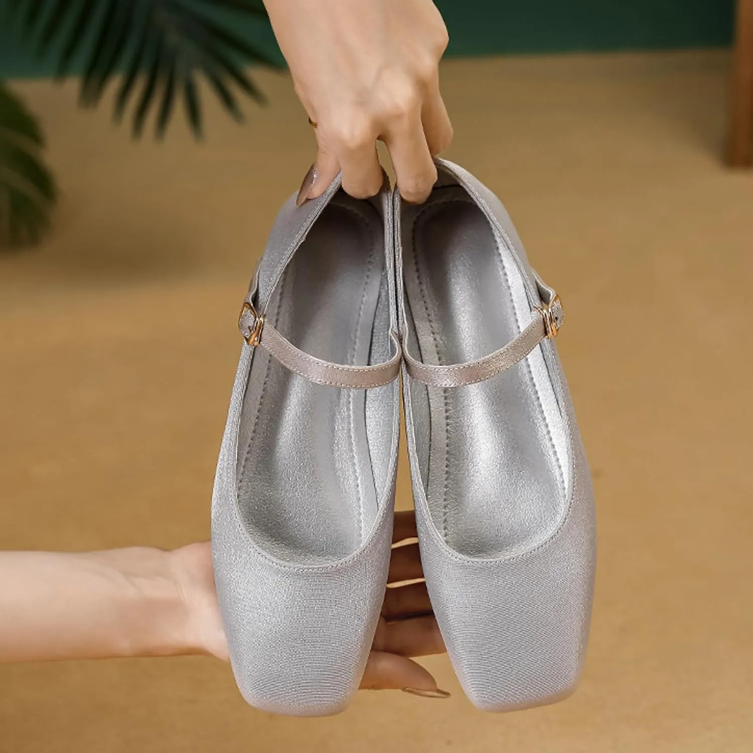 Women's Satin Square Toe Flat Retro Mary Jane Shoes Comfortable Lightweight Adjust One Strap Soft Dress Flat Shoes for Casual Walking Work