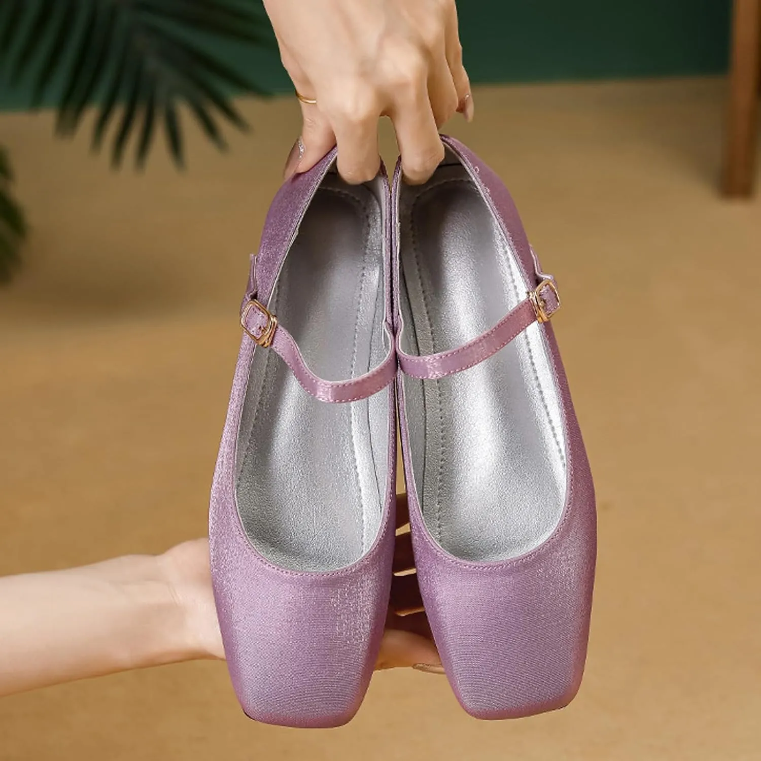 Women's Satin Square Toe Flat Retro Mary Jane Shoes Comfortable Lightweight Adjust One Strap Soft Dress Flat Shoes for Casual Walking Work