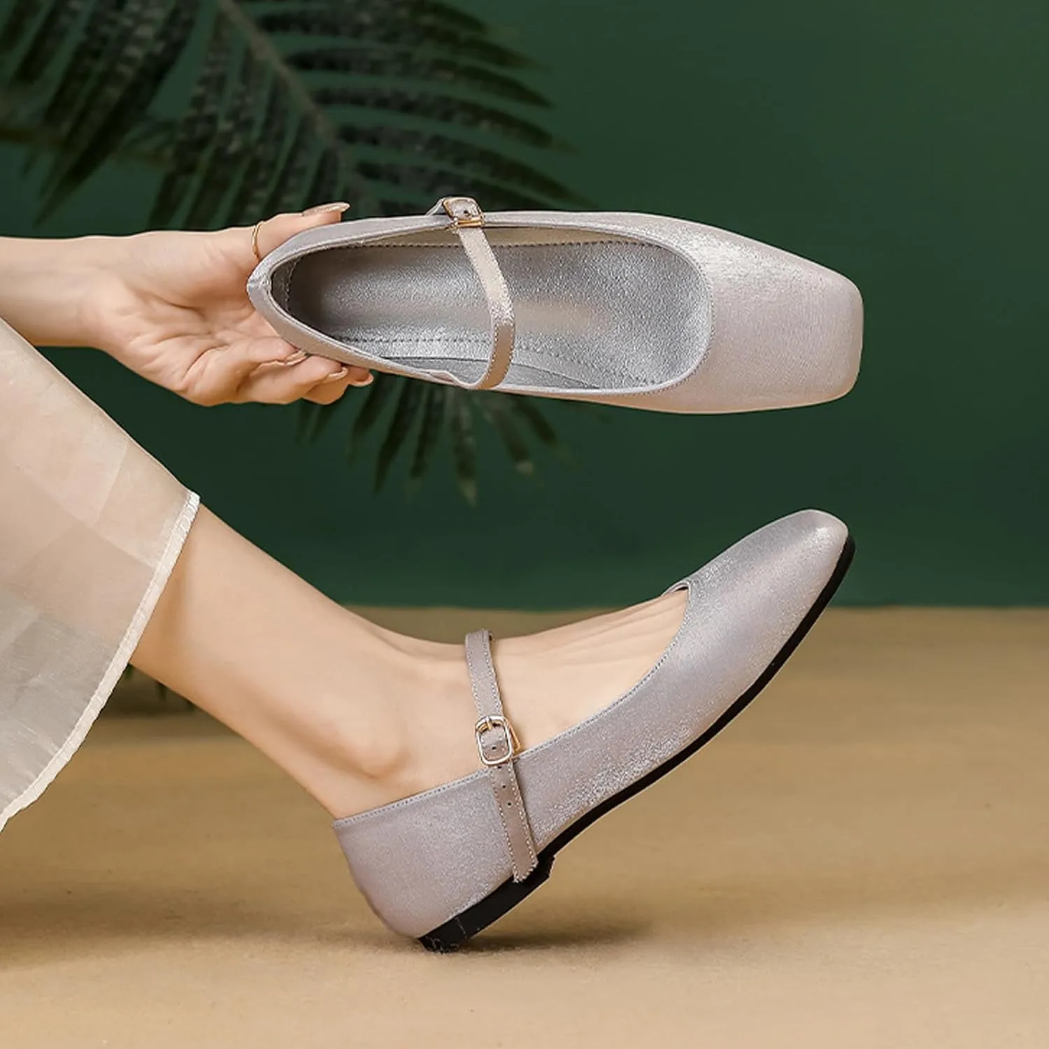 Women's Satin Square Toe Flat Retro Mary Jane Shoes Comfortable Lightweight Adjust One Strap Soft Dress Flat Shoes for Casual Walking Work