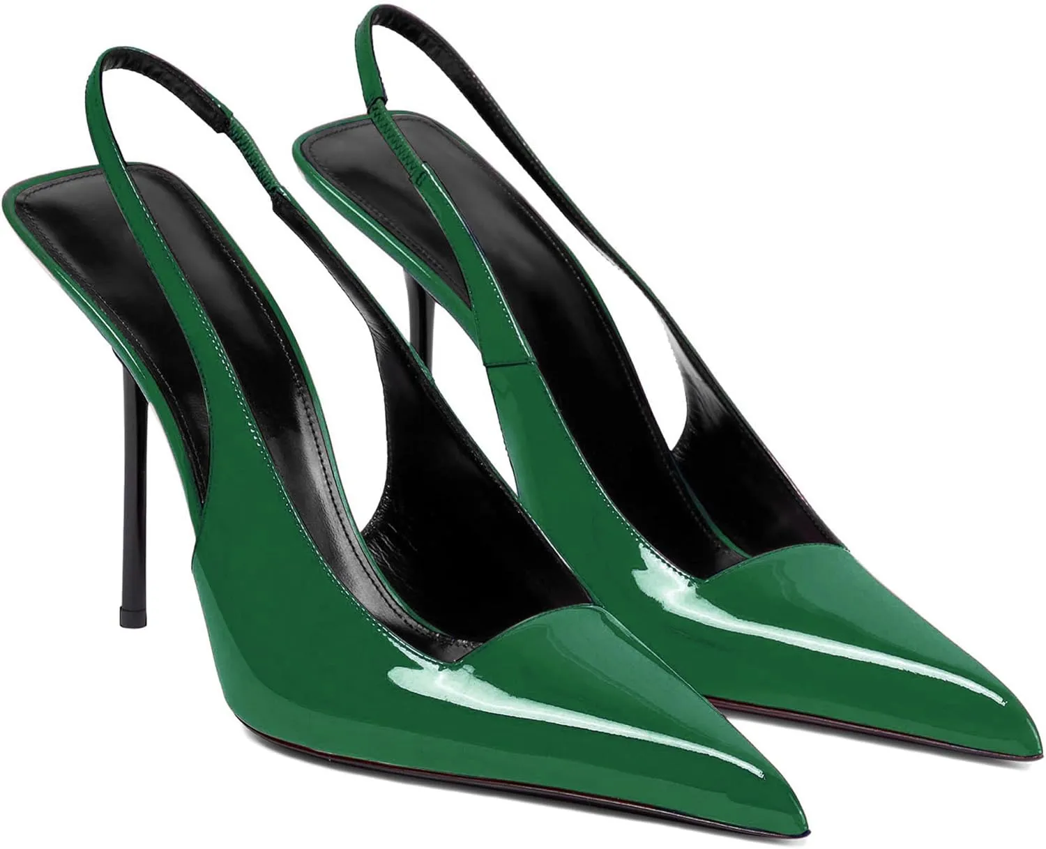 Women's Slingback Stiletto Heels Stretch Strap Slip On Pumps Shoes Pointed Toe Backless Patent Leather Dress High Heels