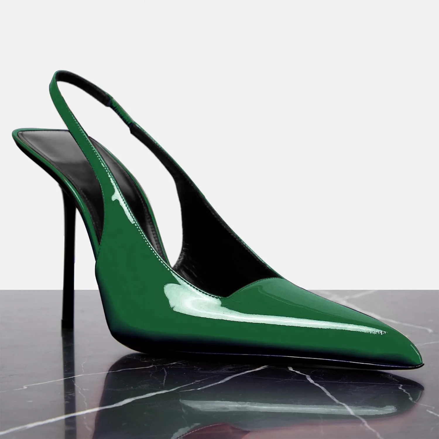 Women's Slingback Stiletto Heels Stretch Strap Slip On Pumps Shoes Pointed Toe Backless Patent Leather Dress High Heels