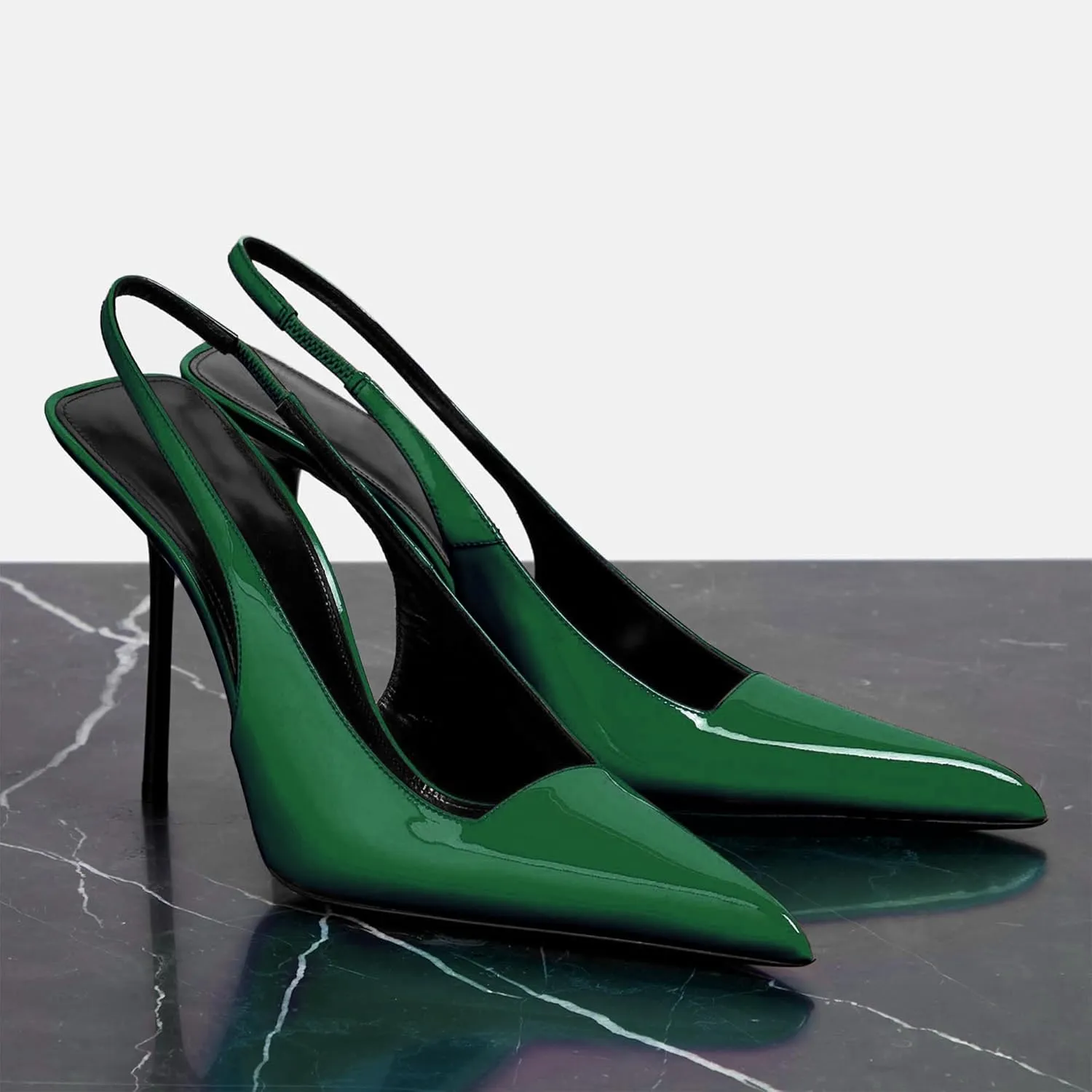 Women's Slingback Stiletto Heels Stretch Strap Slip On Pumps Shoes Pointed Toe Backless Patent Leather Dress High Heels