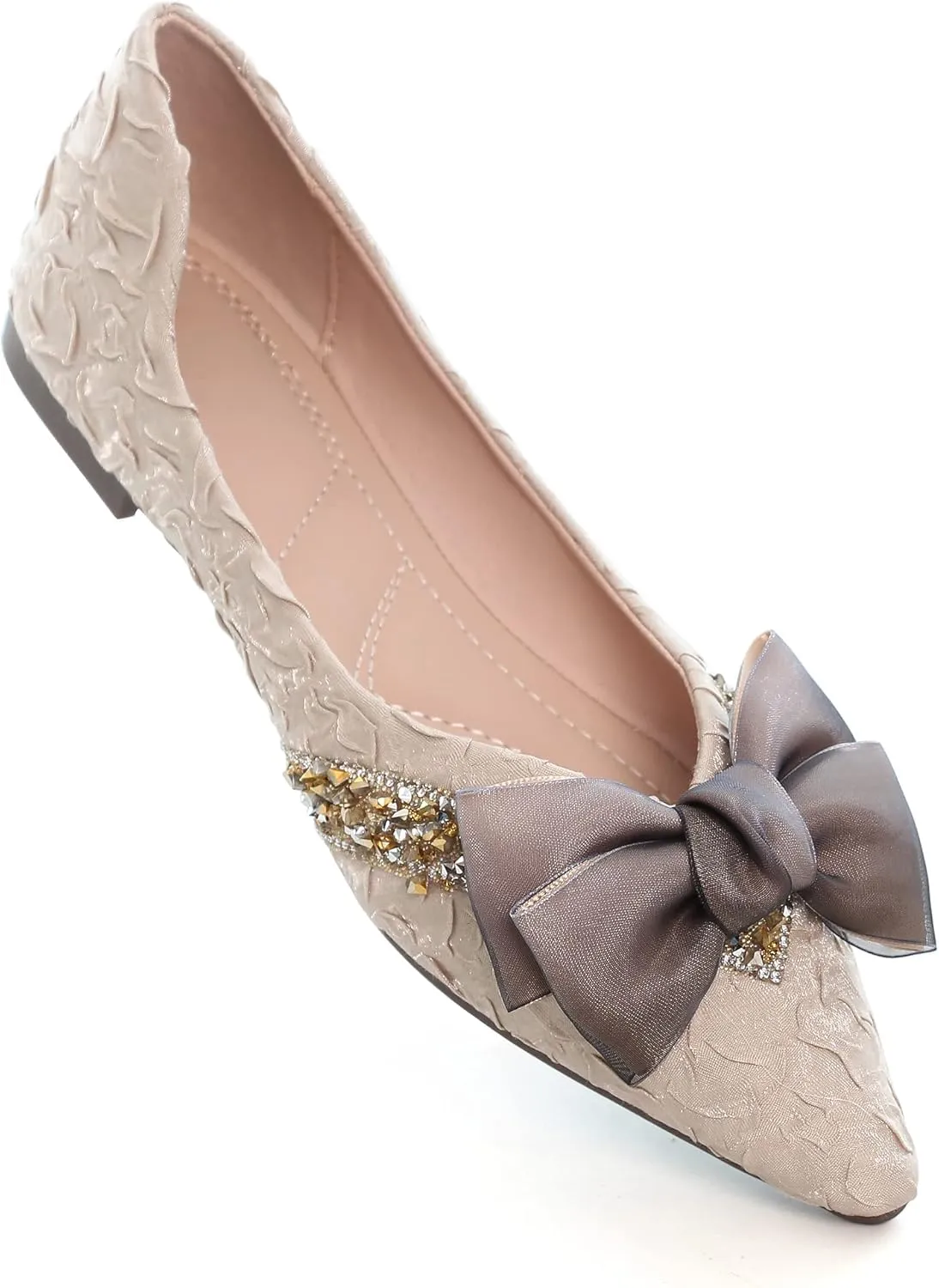 Women's Slip on Flats,Fashion Classic Pointed Toe Solid Pearl Bow Women's Flats, Gentle Shallow Rhinestone Satin Upper Soft Comfortable Flat Shoes