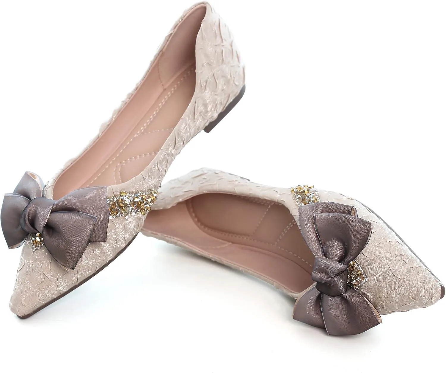 Women's Slip on Flats,Fashion Classic Pointed Toe Solid Pearl Bow Women's Flats, Gentle Shallow Rhinestone Satin Upper Soft Comfortable Flat Shoes