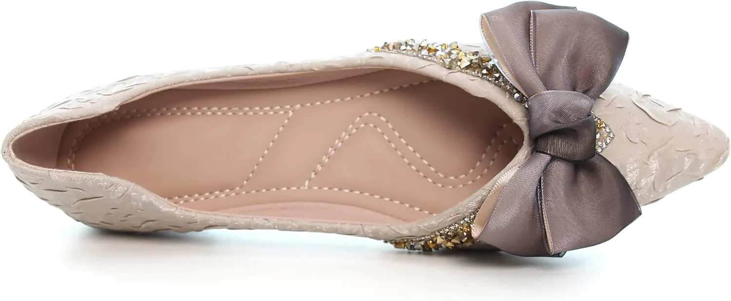 Women's Slip on Flats,Fashion Classic Pointed Toe Solid Pearl Bow Women's Flats, Gentle Shallow Rhinestone Satin Upper Soft Comfortable Flat Shoes