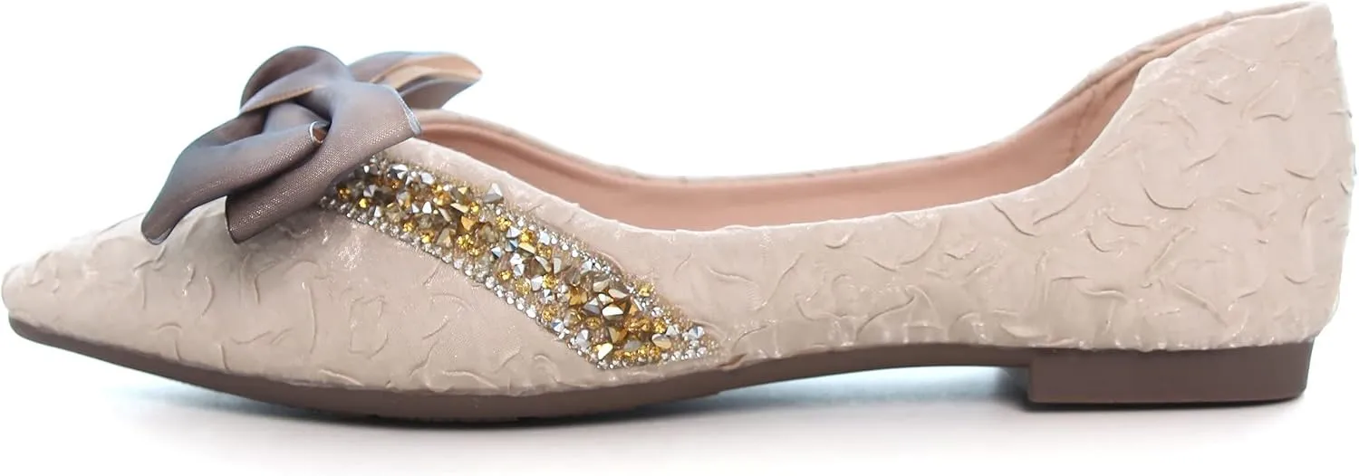 Women's Slip on Flats,Fashion Classic Pointed Toe Solid Pearl Bow Women's Flats, Gentle Shallow Rhinestone Satin Upper Soft Comfortable Flat Shoes