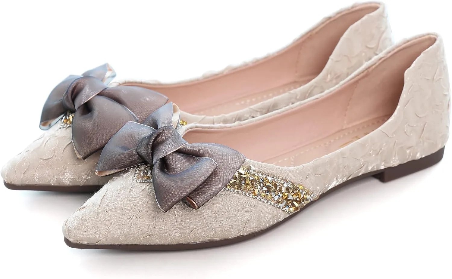 Women's Slip on Flats,Fashion Classic Pointed Toe Solid Pearl Bow Women's Flats, Gentle Shallow Rhinestone Satin Upper Soft Comfortable Flat Shoes