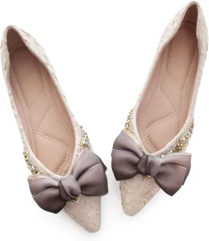 Women's Slip on Flats,Fashion Classic Pointed Toe Solid Pearl Bow Women's Flats, Gentle Shallow Rhinestone Satin Upper Soft Comfortable Flat Shoes