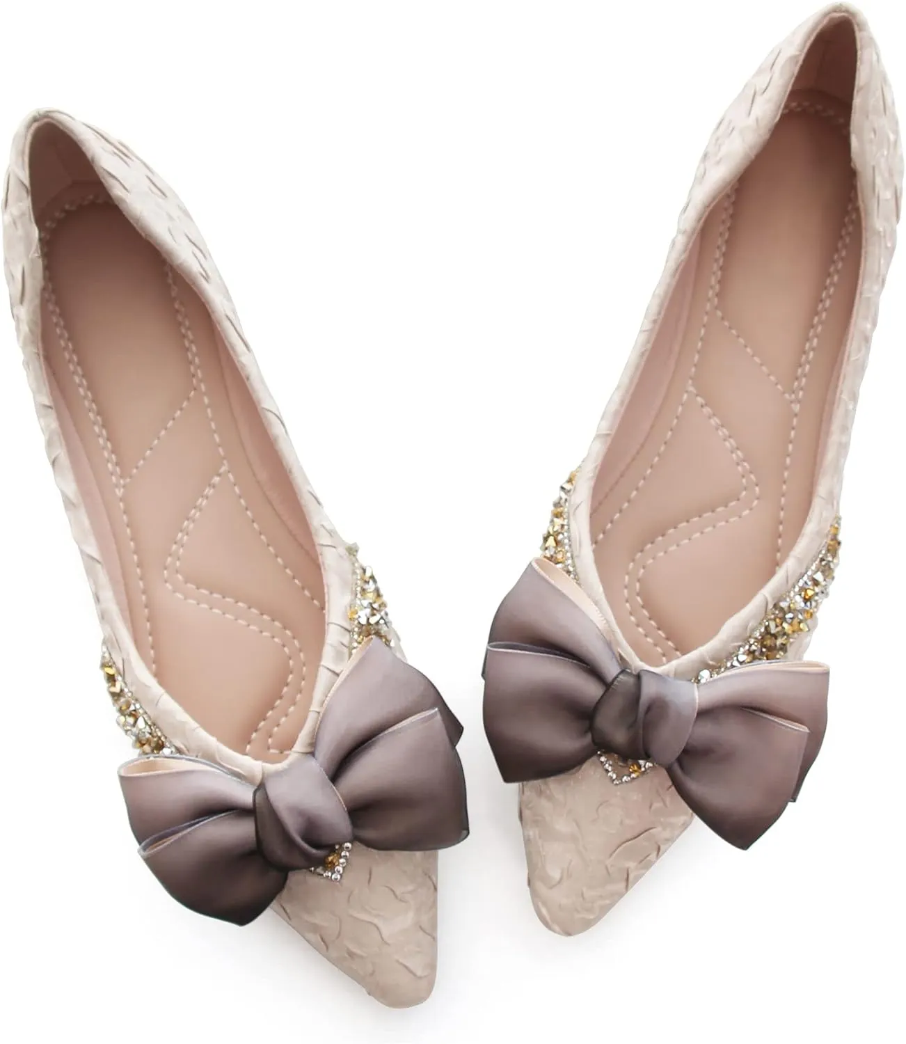 Women's Slip on Flats,Fashion Classic Pointed Toe Solid Pearl Bow Women's Flats, Gentle Shallow Rhinestone Satin Upper Soft Comfortable Flat Shoes