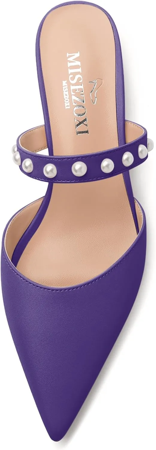 Womens Slippers Low Block Heels Pointed Toe Mule Pumps with Waist Strap Pearl Decoration Slip-on Women Sandals