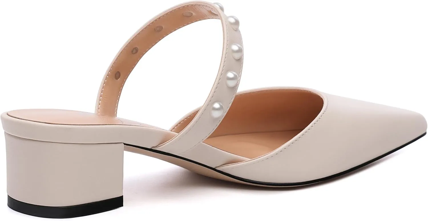 Womens Slippers Low Block Heels Pointed Toe Mule Pumps with Waist Strap Pearl Decoration Slip-on Women Sandals