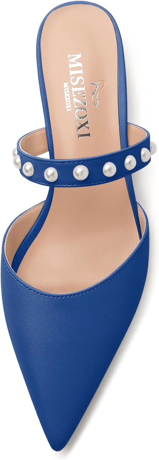 Womens Slippers Low Block Heels Pointed Toe Mule Pumps with Waist Strap Pearl Decoration Slip-on Women Sandals