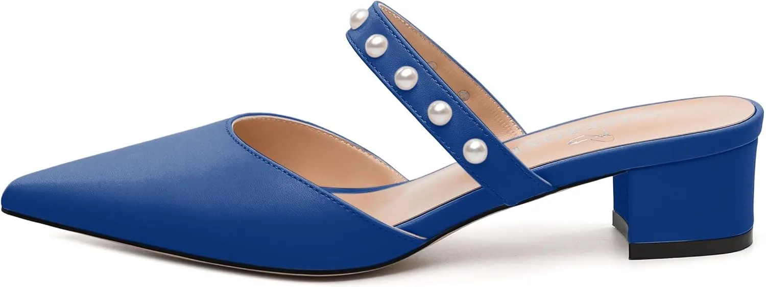 Womens Slippers Low Block Heels Pointed Toe Mule Pumps with Waist Strap Pearl Decoration Slip-on Women Sandals