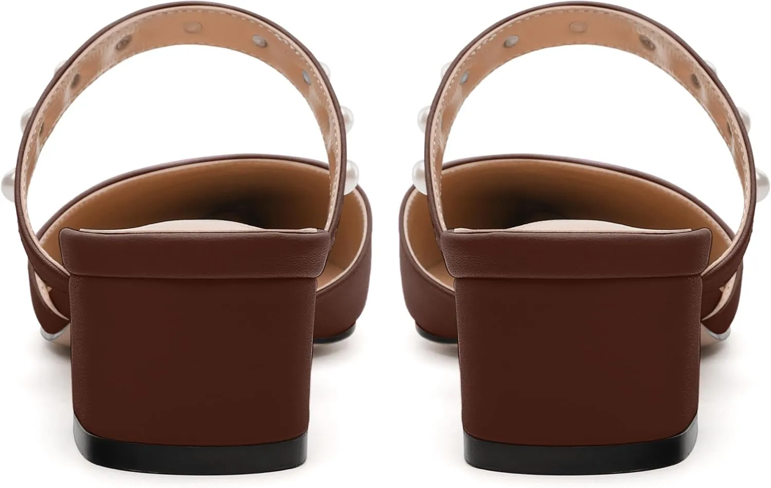 Womens Slippers Low Block Heels Pointed Toe Mule Pumps with Waist Strap Pearl Decoration Slip-on Women Sandals
