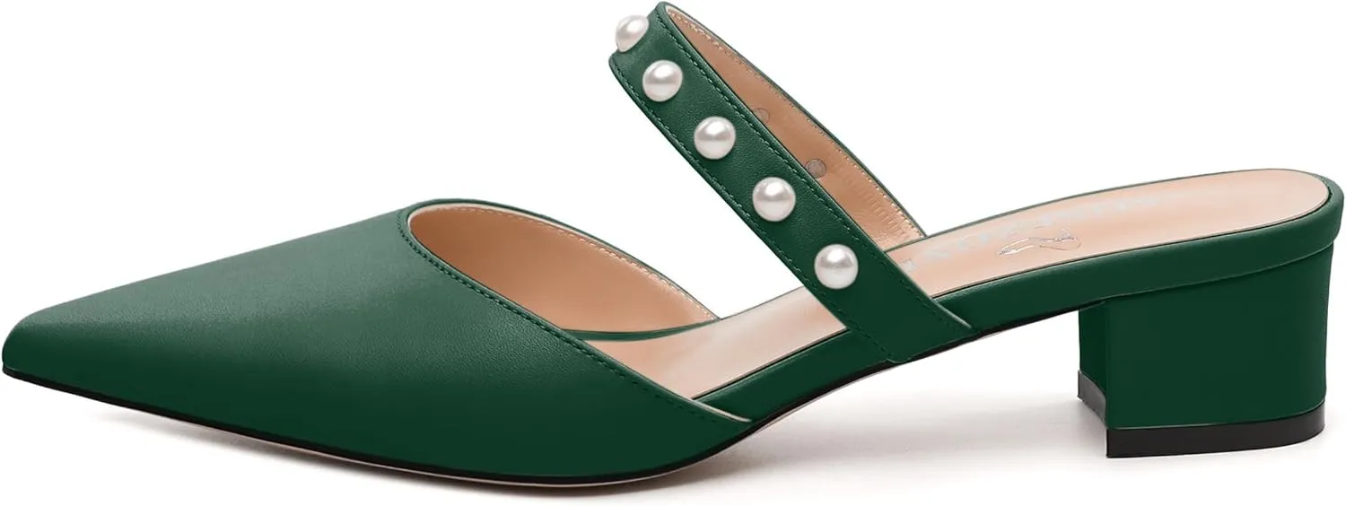 Womens Slippers Low Block Heels Pointed Toe Mule Pumps with Waist Strap Pearl Decoration Slip-on Women Sandals
