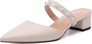 Womens Slippers Low Block Heels Pointed Toe Mule Pumps with Waist Strap Pearl Decoration Slip-on Women Sandals