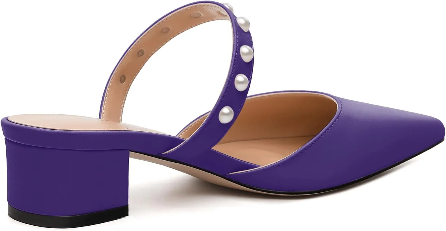 Womens Slippers Low Block Heels Pointed Toe Mule Pumps with Waist Strap Pearl Decoration Slip-on Women Sandals
