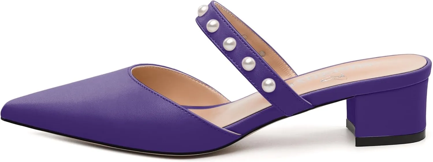 Womens Slippers Low Block Heels Pointed Toe Mule Pumps with Waist Strap Pearl Decoration Slip-on Women Sandals