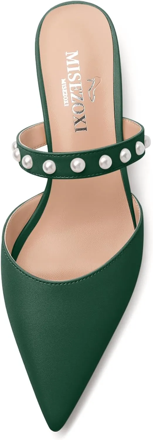 Womens Slippers Low Block Heels Pointed Toe Mule Pumps with Waist Strap Pearl Decoration Slip-on Women Sandals